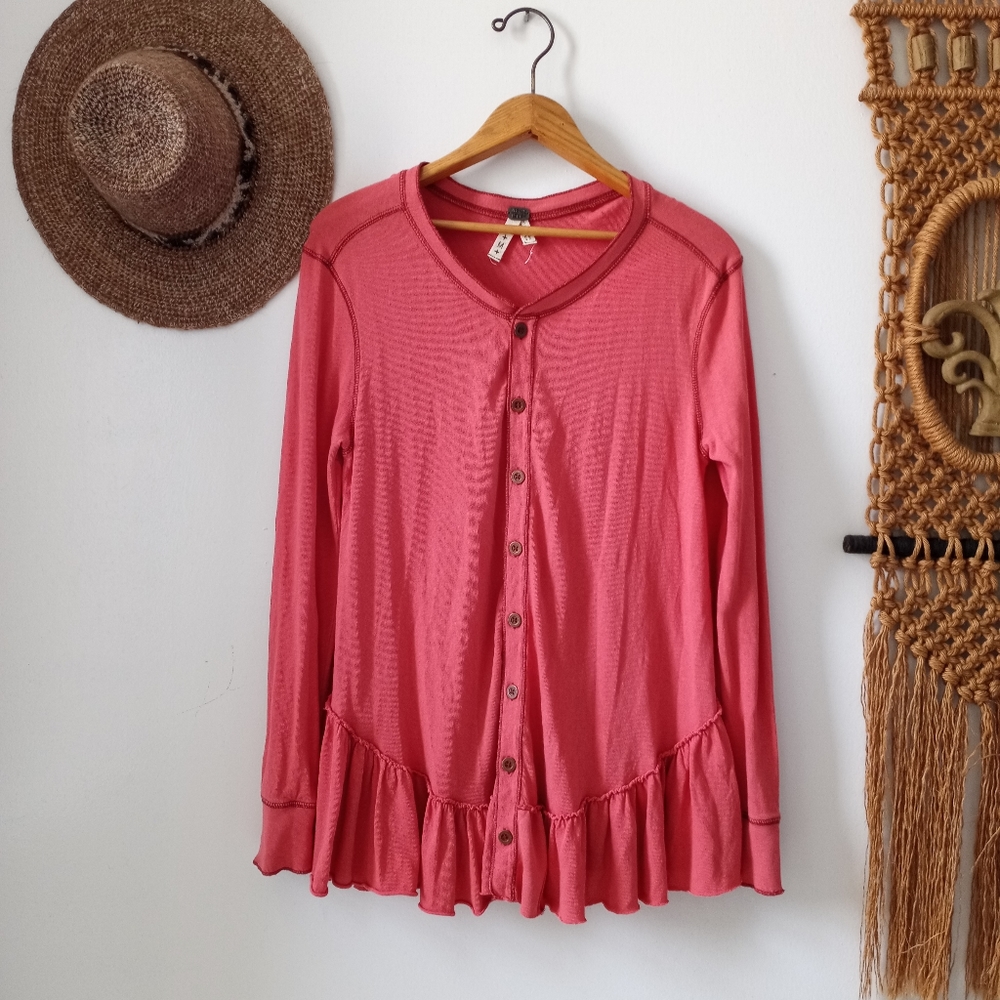 Free People flowy ruffle hem longsleeve button tee